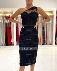 Exquisite One Shoulder Short Party Dresses Black Cocktail Dresses with Lace