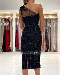 Exquisite One Shoulder Short Party Dresses Black Cocktail Dresses with Lace