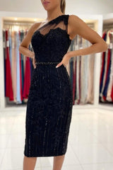 Exquisite One Shoulder Short Party Dresses Black Cocktail Dresses with Lace