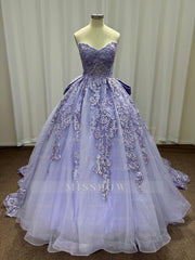 Exquisite Purple Strapless Lace Ball Gown Prom Dress with Appliques