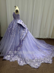 Exquisite Purple Strapless Lace Ball Gown Prom Dress with Appliques