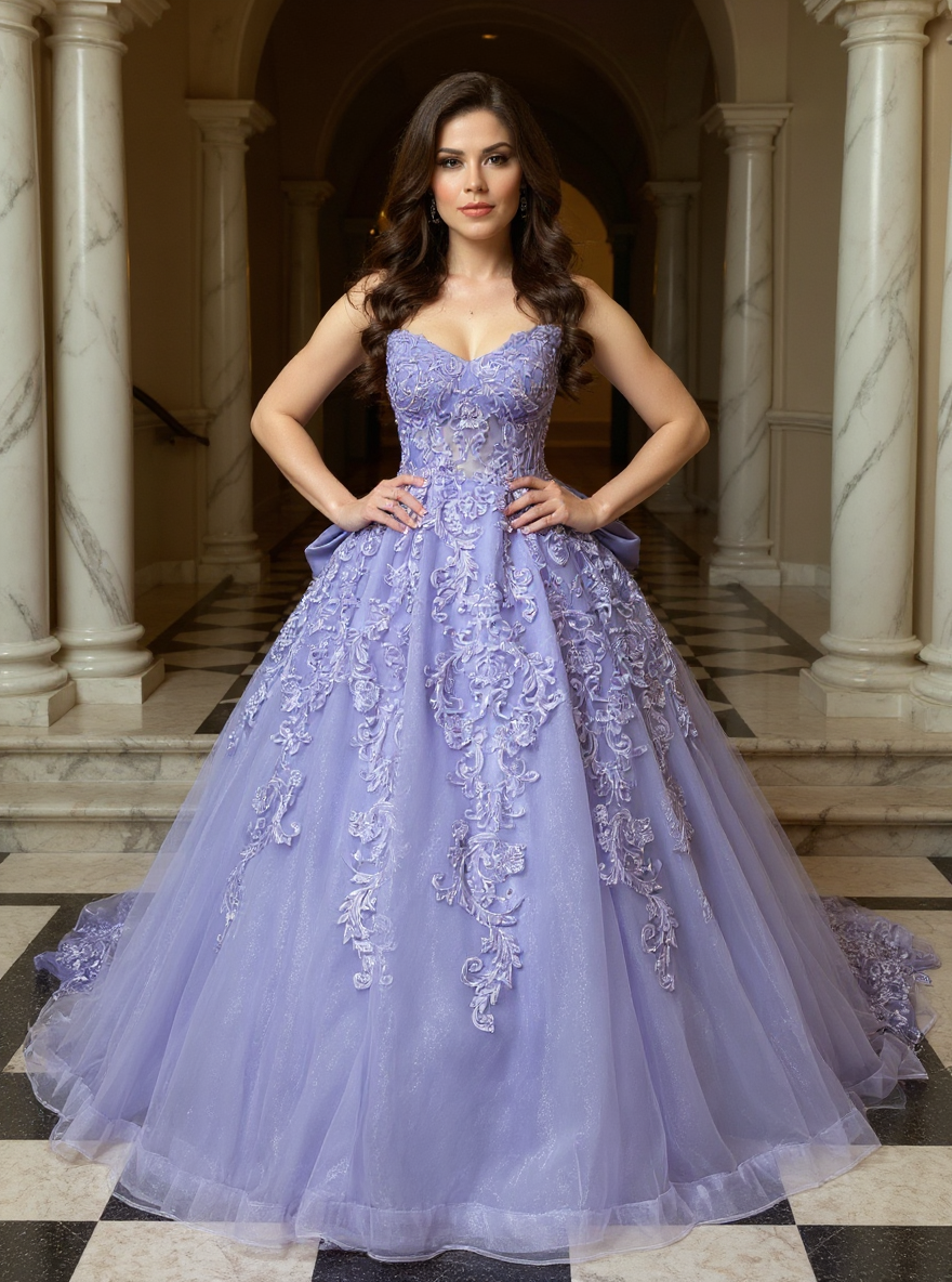 Exquisite Purple Strapless Lace Ball Gown Prom Dress with Appliques
