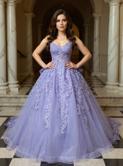 Exquisite Purple Strapless Lace Ball Gown Prom Dress with Appliques