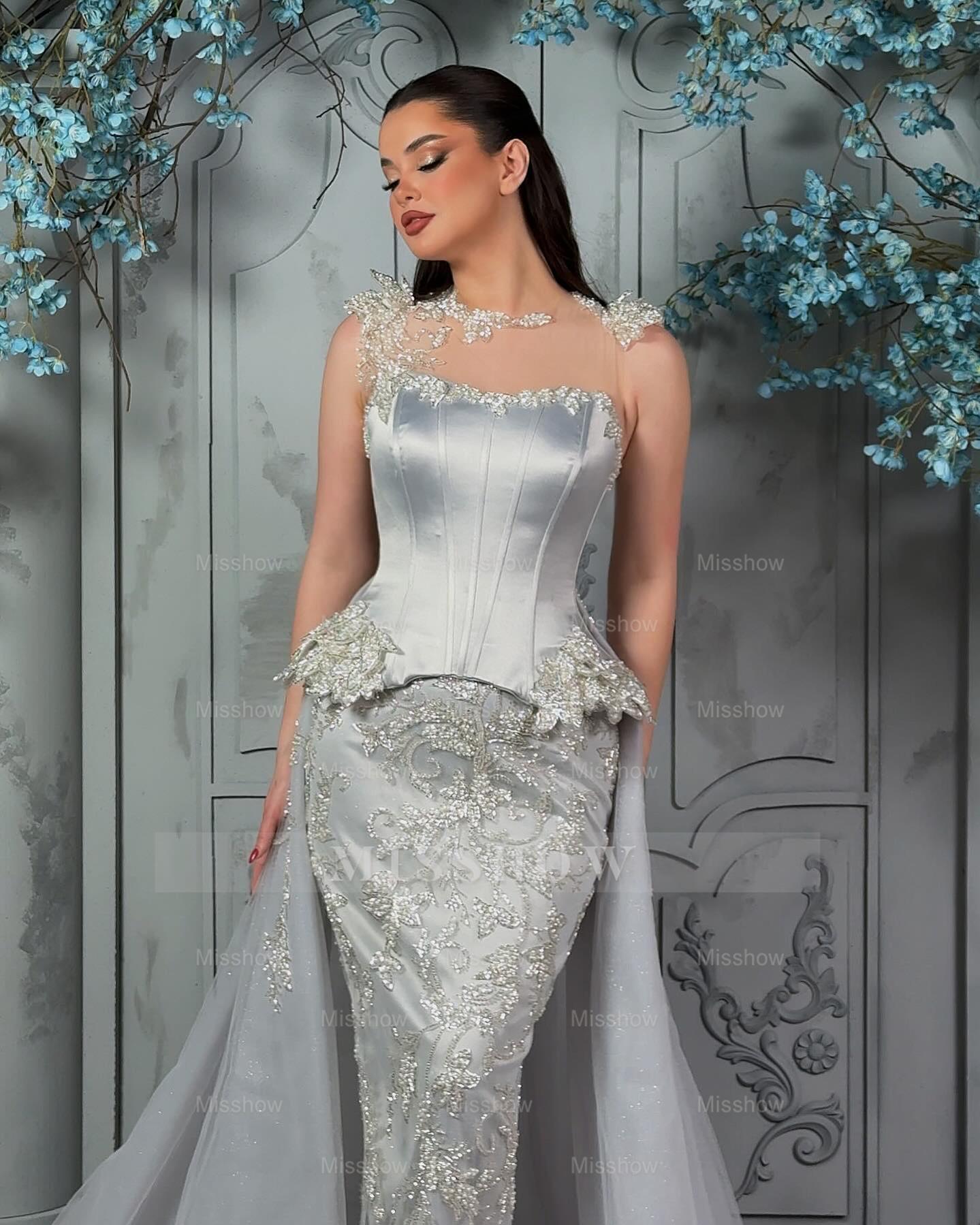 Exquisite Silver Strapless Sleeveless Beaded Mermaid Formal Dress with Detachable Train
