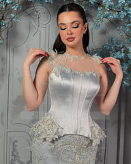 Exquisite Silver Strapless Sleeveless Beaded Mermaid Formal Dress with Detachable Train