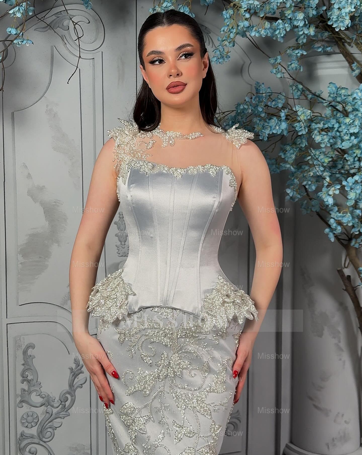 Exquisite Silver Strapless Sleeveless Beaded Mermaid Formal Dress with Detachable Train