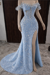 Exquisite Sky Blue Off-the-shoulder Beaded Lace Long Prom Dress with Slit