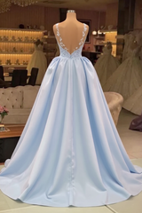 Extravagant Blue Evening Dresses Long Lace Prom Dresses with Detachable Train