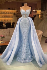Extravagant Blue Evening Dresses Long Lace Prom Dresses with Detachable Train