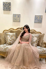 Extravagant Champagne A-Line V-Neck Sequined Illusion Sleeves Floor-Length Tulle Evening Dresses