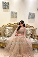 Extravagant Champagne A-Line V-Neck Sequined Illusion Sleeves Floor-Length Tulle Evening Dresses