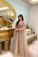 Extravagant Champagne A-Line V-Neck Sequined Illusion Sleeves Floor-Length Tulle Evening Dresses