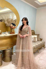 Extravagant Champagne A-Line V-Neck Sequined Illusion Sleeves Floor-Length Tulle Evening Dresses