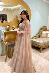 Extravagant Champagne A-Line V-Neck Sequined Illusion Sleeves Floor-Length Tulle Evening Dresses