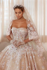 Extravagant Champagne Strapless Sleeveless Beaded Ball Gown Monarch Train Wedding Dresses With Appliques And Rhinestones