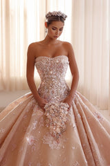Extravagant Champagne Strapless Sleeveless Beaded Ball Gown Monarch Train Wedding Dresses With Appliques And Rhinestones