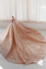 Extravagant Champagne Strapless Sleeveless Beaded Ball Gown Monarch Train Wedding Dresses With Appliques And Rhinestones