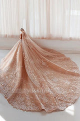 Extravagant Champagne Strapless Sleeveless Beaded Ball Gown Monarch Train Wedding Dresses With Appliques And Rhinestones