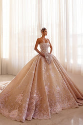 Extravagant Champagne Strapless Sleeveless Beaded Ball Gown Monarch Train Wedding Dresses With Appliques And Rhinestones