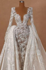 Extravagant Long A-line V-neck Lace Satin Long Sleeves Wedding Dress with Detachable Train