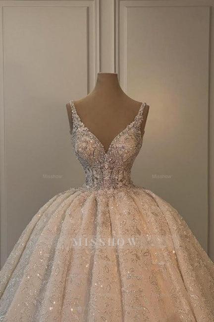 Extravagant Long A-line V-neck Sleeveless Princess Glitter Wedding Dress with Lace