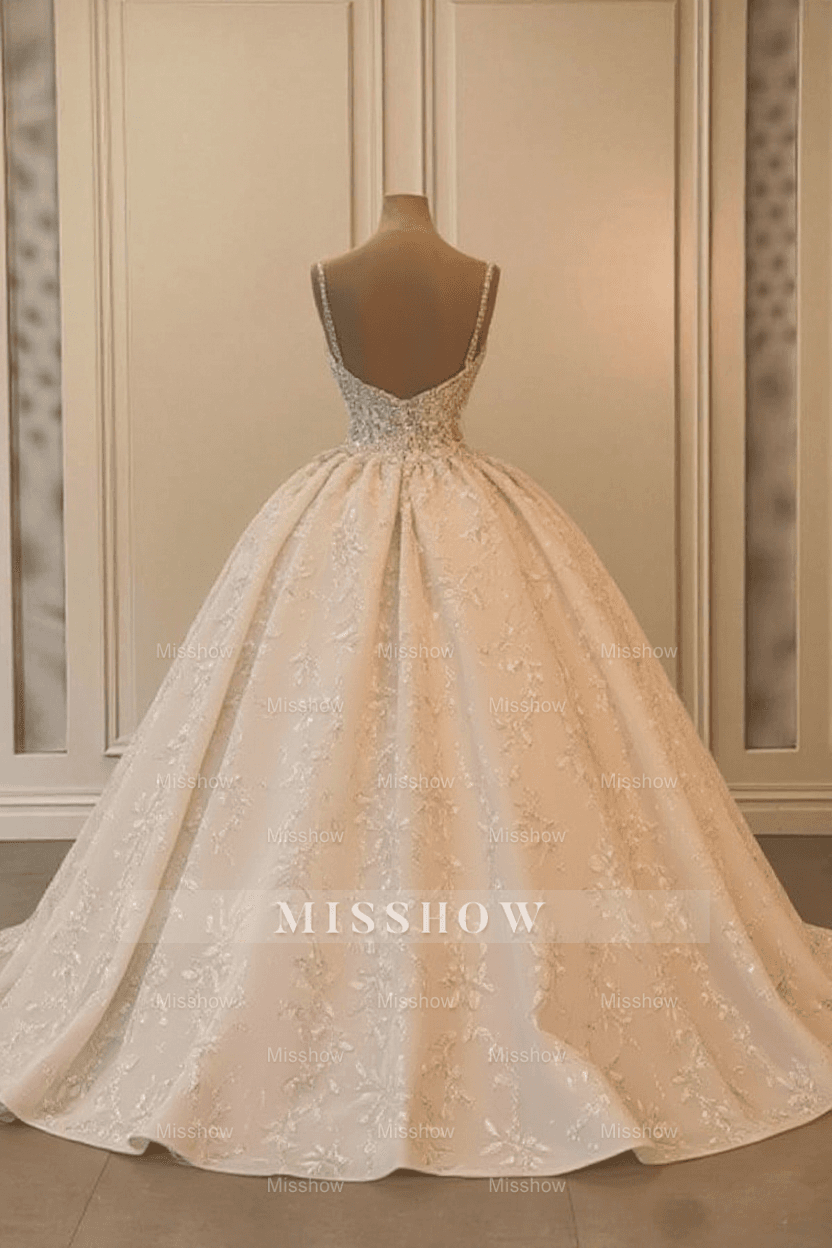 Extravagant Long A-line V-neck Sleeveless Princess Glitter Wedding Dress with Lace