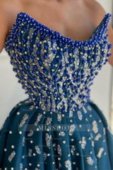 Extravagant Long Blue A-line Strapless Beading Prom Evening Dresses with Slit
