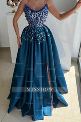 Extravagant Long Blue A-line Strapless Beading Prom Evening Dresses with Slit