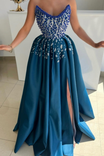 Extravagant Long Blue A-line Strapless Beading Prom Evening Dresses with Slit