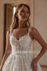 Extravagant Long Ivory A-line Princess Spaghetti Straps Lace Tulle Wedding Dress