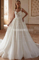 Extravagant Long Ivory A-line Princess Spaghetti Straps Lace Tulle Wedding Dress