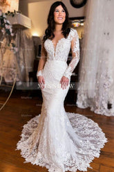 Extravagant Long Mermaid V-neck Backless Lace Wedding Dress with Long Sleeves