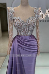 Extravagant Long Purple Beading Lace Sequined Prom Evening Dresses with Long Sleeves