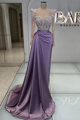 Extravagant Long Purple Beading Lace Sequined Prom Evening Dresses with Long Sleeves
