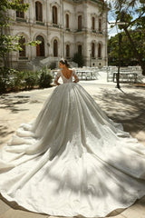 Extravagant White Square Beaded Long Sleeve Lace Sequined Ball Gown Tulle Wedding Dresses With Rhinestones