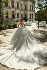 Extravagant White Square Beaded Long Sleeve Lace Sequined Ball Gown Tulle Wedding Dresses With Rhinestones