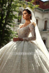 Extravagant White Square Beaded Long Sleeve Lace Sequined Ball Gown Tulle Wedding Dresses With Rhinestones