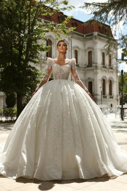 Extravagant White Square Beaded Long Sleeve Lace Sequined Ball Gown Tulle Wedding Dresses With Rhinestones