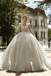 Extravagant White Square Beaded Long Sleeve Lace Sequined Ball Gown Tulle Wedding Dresses With Rhinestones
