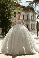Extravagant White Square Beaded Long Sleeve Lace Sequined Ball Gown Tulle Wedding Dresses With Rhinestones