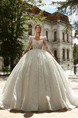 Extravagant White Square Beaded Long Sleeve Lace Sequined Ball Gown Tulle Wedding Dresses With Rhinestones