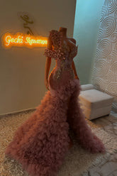 Rose gold one shoulder front-split mermaid prom dress