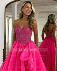 Eye-Catching Fuchsia A-Line Sweetheart Sleeveless Prom dress with Beadings