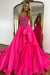 Eye-Catching Fuchsia A-Line Sweetheart Sleeveless Prom dress with Beadings