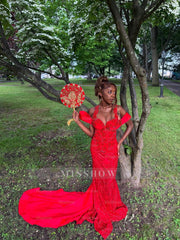 Eye-Catching Long Red Off-The-Shoulder Sleeveless Mermaid Prom Dress with Appliques