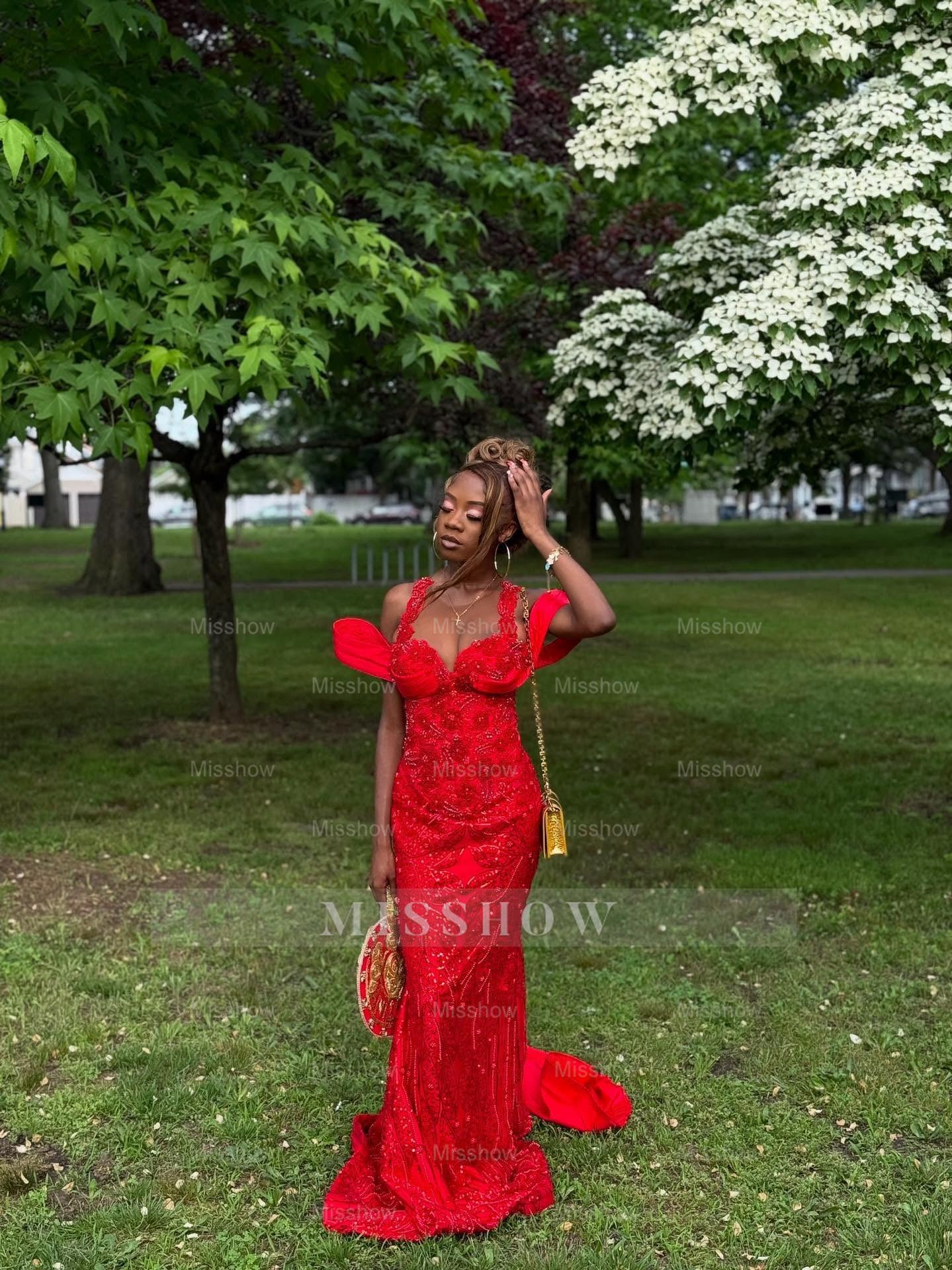 Eye-Catching Long Red Off-The-Shoulder Sleeveless Mermaid Prom Dress with Appliques