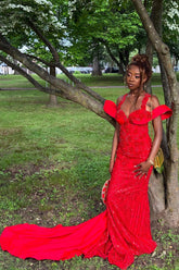 Eye-Catching Long Red Off-The-Shoulder Sleeveless Mermaid Prom Dress with Appliques