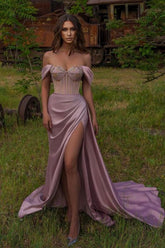 Mauve off-the-shoulder split-front mermaid prom dress