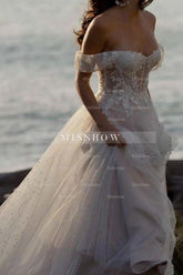 Fabulous A-Line Lace Off-The-Shoulder Sleeveless White Wedding Dress With Ruffles