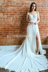 Fabulous A-Line Lace Spaghetti Straps Sleeveless White Wedding Dresses With Split Train
